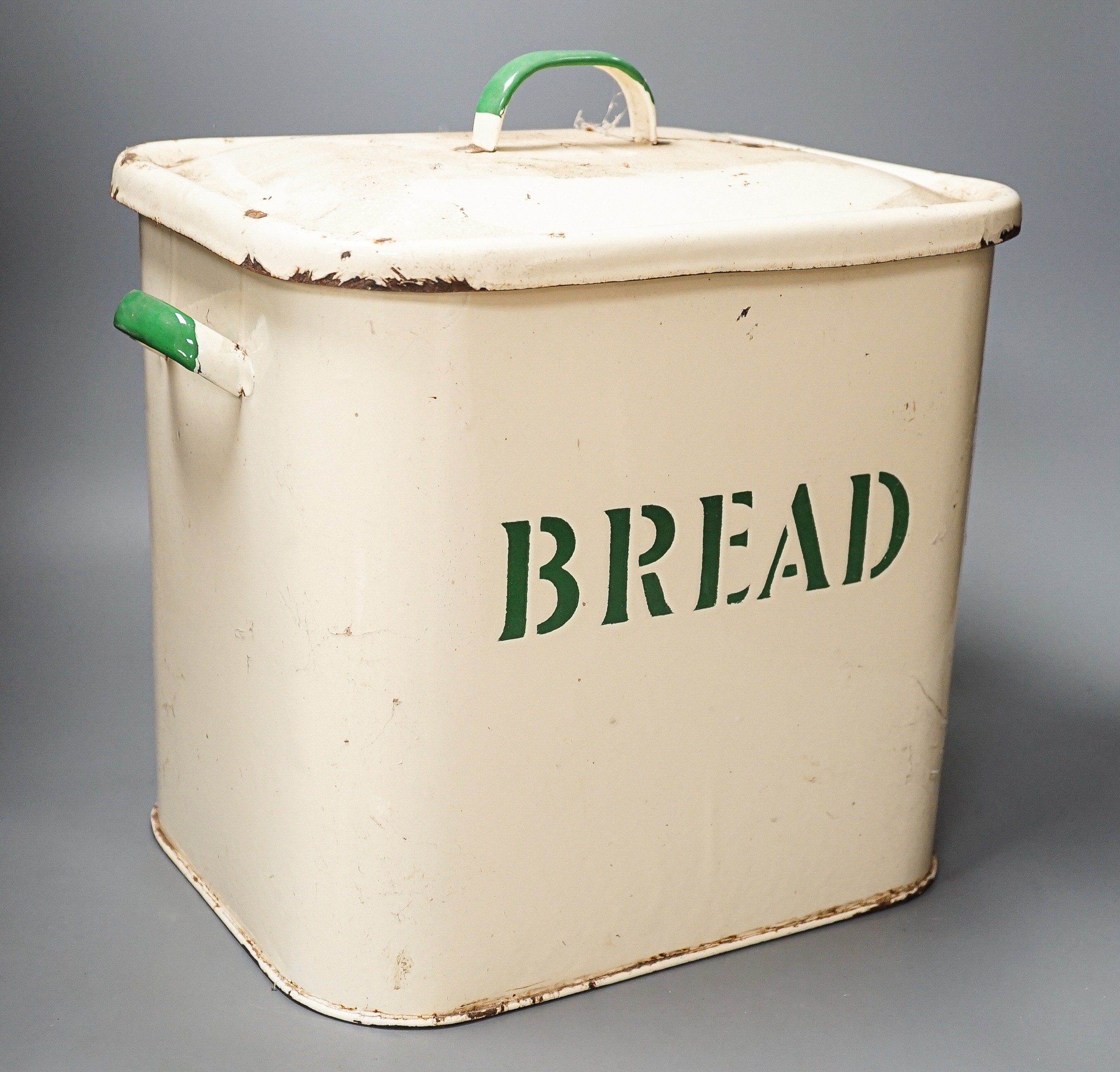 An enamelled lidded bread box